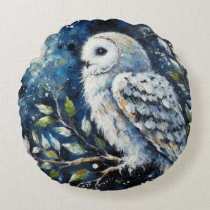 White Owl On Branch in Moonlight Painting Round Pillow