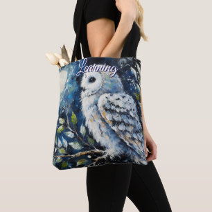 White Owl On Branch in Moonlight Painting Tote Bag