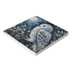 White Owl On Branch in Moonlight Painting Trivet