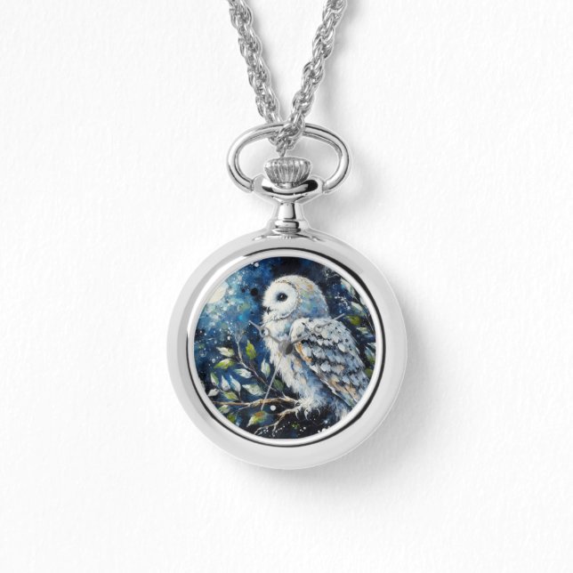 White Owl On Branch in Moonlight Painting Watch (Front)