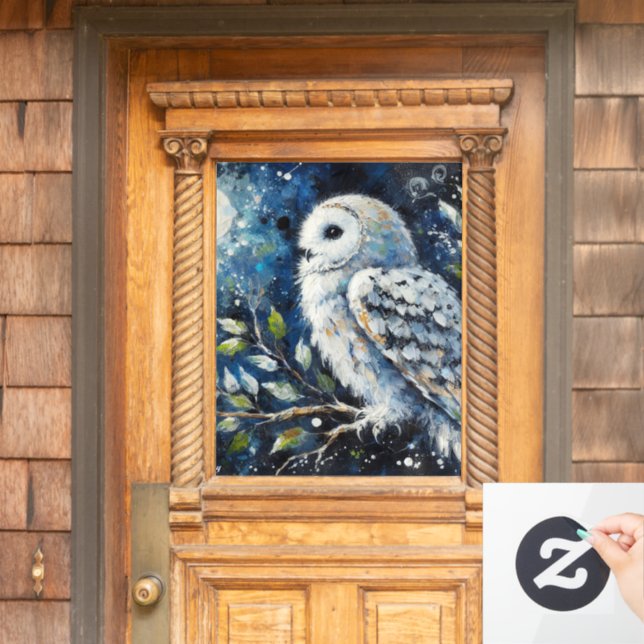 White Owl On Branch in Moonlight Painting  Window Cling (Home Door)