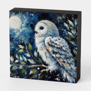 White Owl On Branch in Moonlight Painting Wooden Box Sign