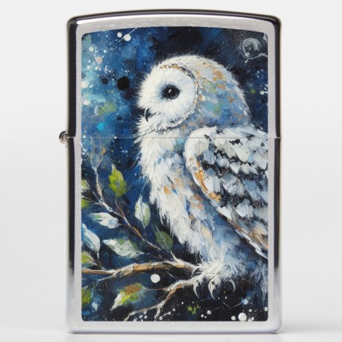 White Owl On Branch in Moonlight Painting Zippo Lighter