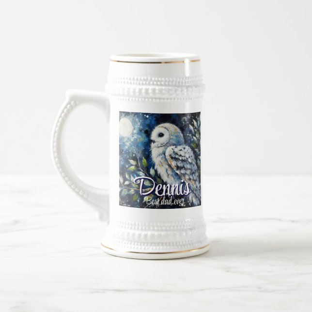 White Owl On Branch in Moonlight Personalized Beer Stein (Left)