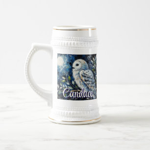 White Owl On Branch in Moonlight Personalized Beer Stein