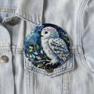 White Owl On Branch in Moonlight Personalized Button