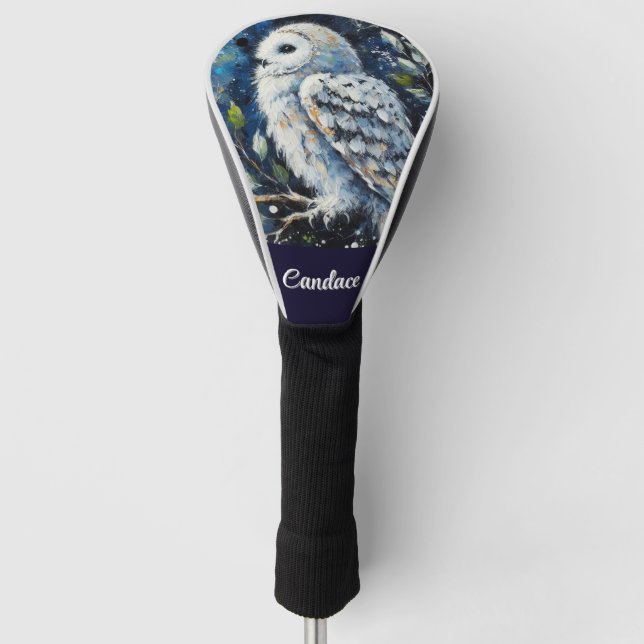 White Owl On Branch in Moonlight Personalized Golf Head Cover (Front)