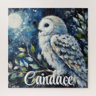 White Owl On Branch in Moonlight Personalized Jigsaw Puzzle