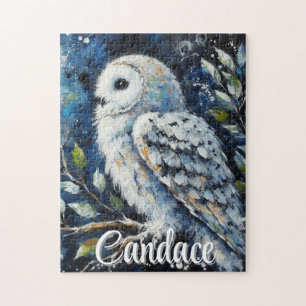White Owl On Branch in Moonlight Personalized Jigsaw Puzzle