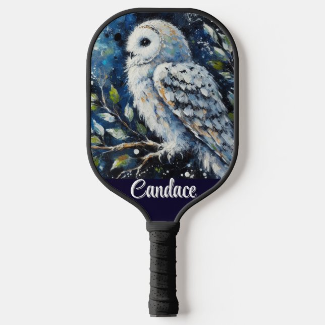 White Owl On Branch in Moonlight Personalized Pickleball Paddle (Front)