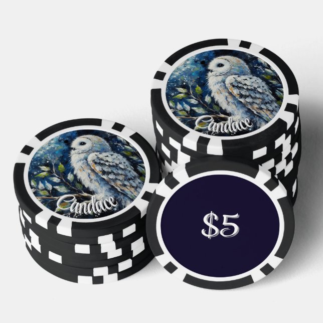 White Owl On Branch in Moonlight Personalized Poker Chips (Stack)