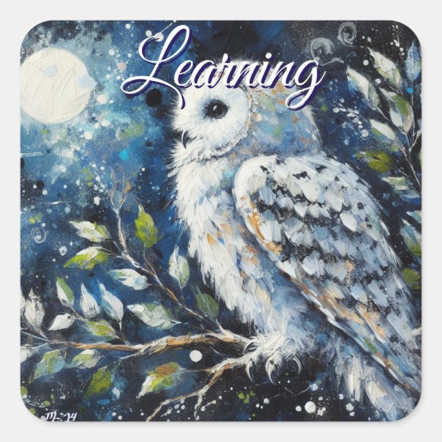 White Owl On Branch in Moonlight Personalized Square Sticker (Front)