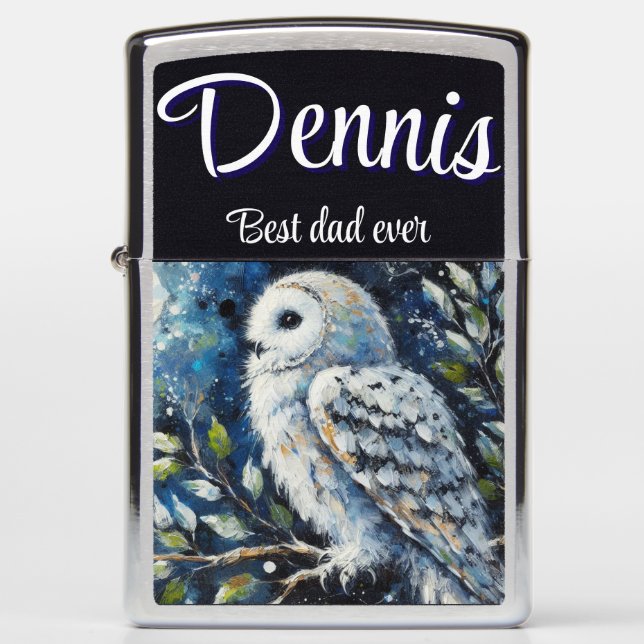 White Owl On Branch in Moonlight Personalized Zippo Lighter (Front)
