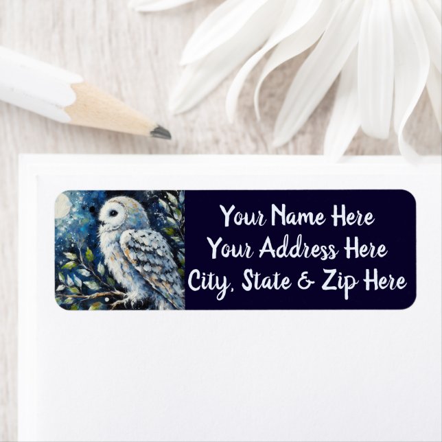 White Owl On Branch in Moonlight Return Address Label (Insitu)
