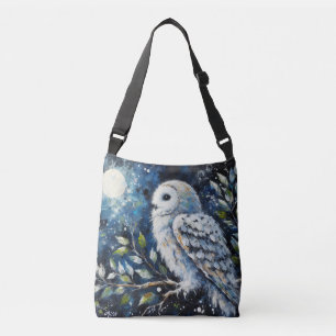White Owl On Tree Branch Moon Owls Navy Blue Crossbody Bag