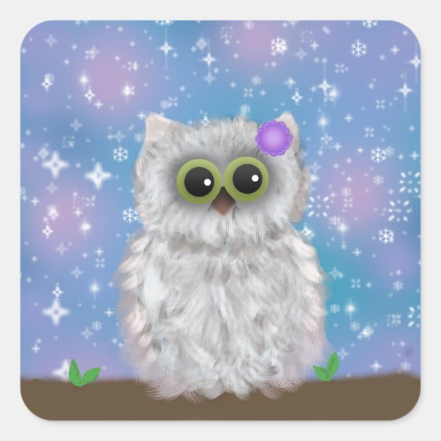 White Owl Painting on Blue Glittery / Snowy Sky Square Sticker (Front)