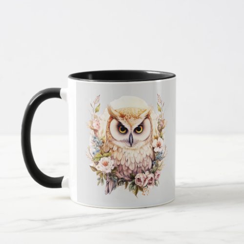 White Owl Pretty Flowers and Leaves Gray Halloween Mug