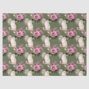 White Owls and Pink Roses on Green Decoupage Tissue Paper