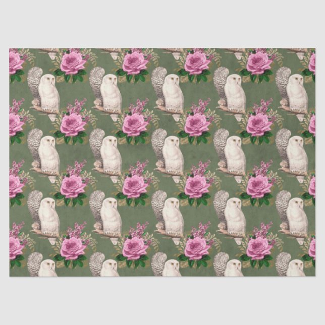 White Owls and Pink Roses on Green Decoupage Tissue Paper (Front)