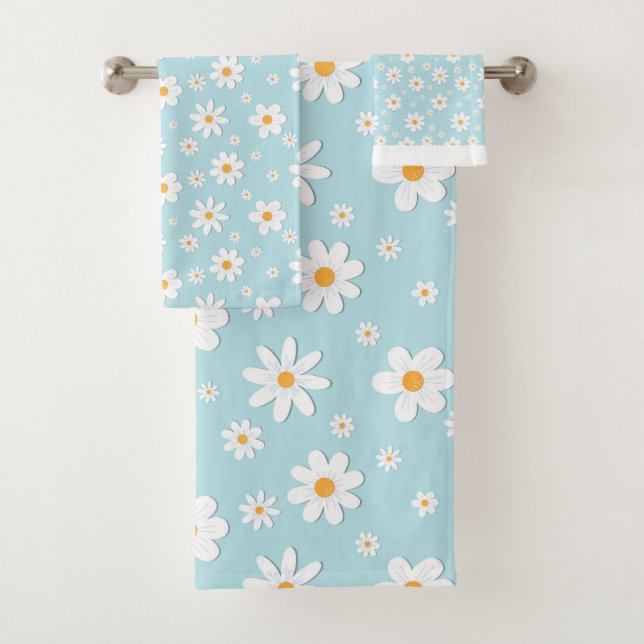 white ox eye daisy flower seamless pattern bath towel set (Insitu)