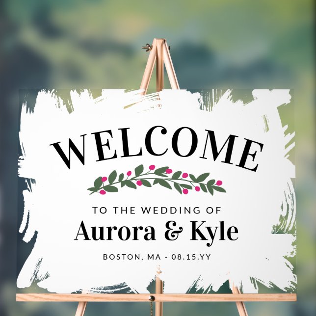 White Paint Pink Berries Wedding Welcome Acrylic Sign (Neutral)
