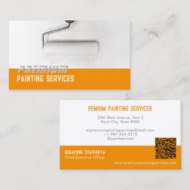 White Paint Roller Paint Services Orange Strip Business Card (Front/Back)