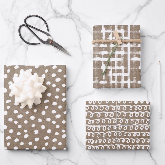 White Paint Rustic Kraft Simple Elegant Christmas Wrapping Paper Sheets (Front)