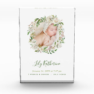 White Painted Floral Wreath Baby Photo Birth Stats