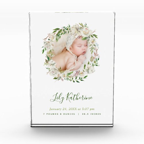 White Painted Floral Wreath Baby Photo Birth Stats