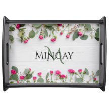 White Painted Wood Pink Roses Monogram Name