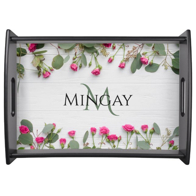 White Painted Wood Pink Roses Monogram Name Serving Tray (Front)