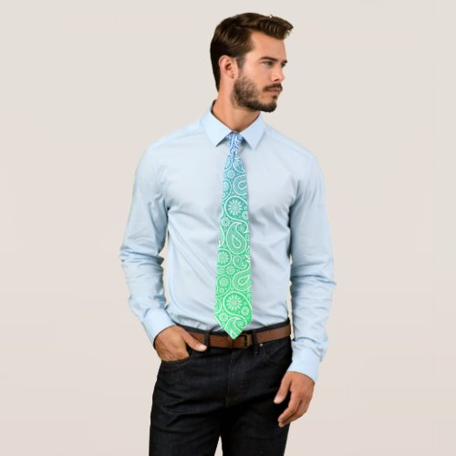 White paisley blue to green ombre neck tie