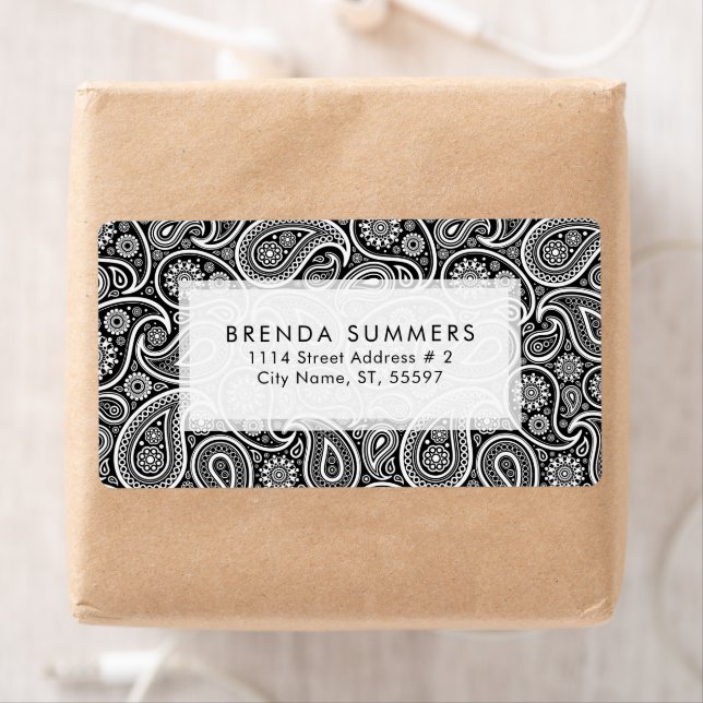 White Paisley Custom Black Background Label (Insitu)