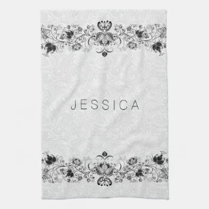 White Paisley Damasks & Black Swirls Lace Kitchen Towel