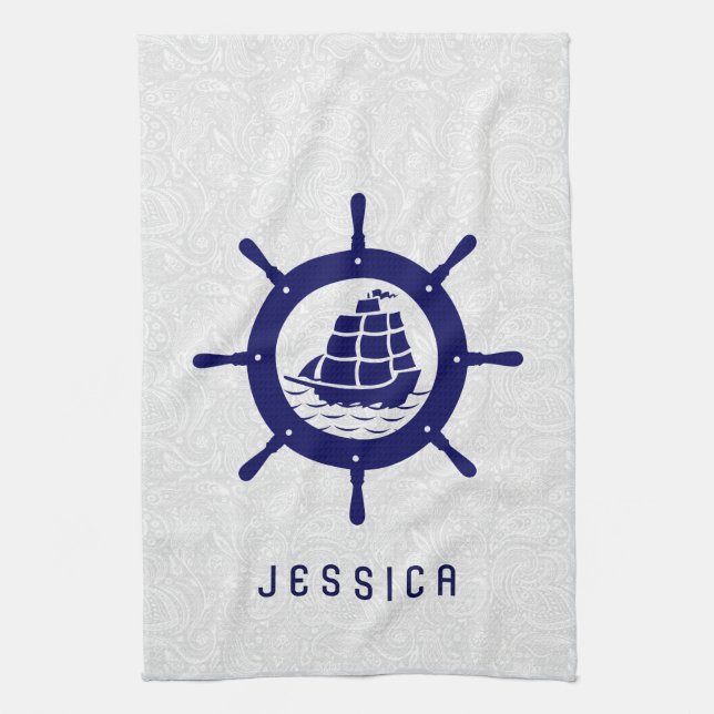 White Paisley Damasks & Blue Nautical Boat Wheel Towel (Vertical)