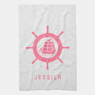 White Paisley Damasks & Pink Nautical Boat Wheel Towel