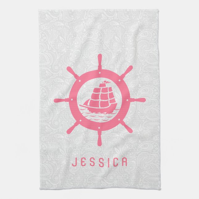 White Paisley Damasks & Pink Nautical Boat Wheel Towel (Vertical)