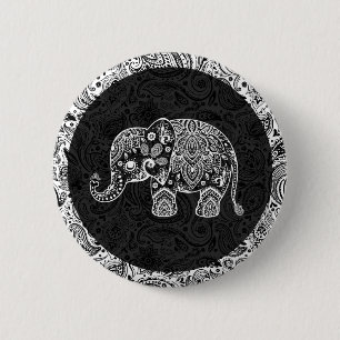 White Paisley Elephant Black Damasks Background Button