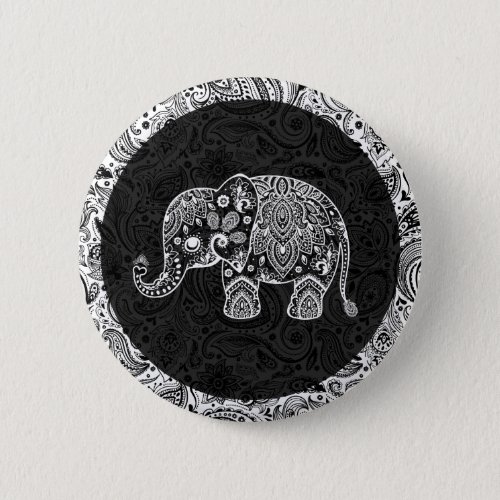 White Paisley Elephant Black Damasks Background Button