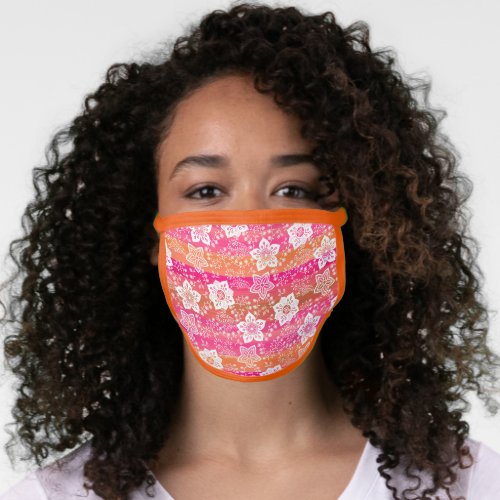 White Paisley Floral Bright Pink Orange Stripes Face Mask