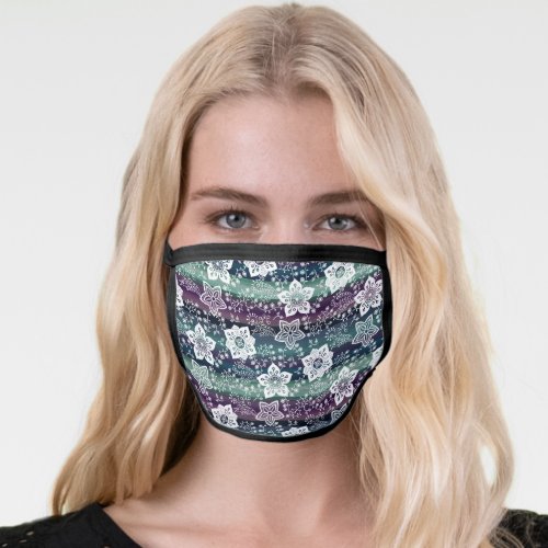 White Paisley Floral Dark Purple Teal Blue Stripes Face Mask