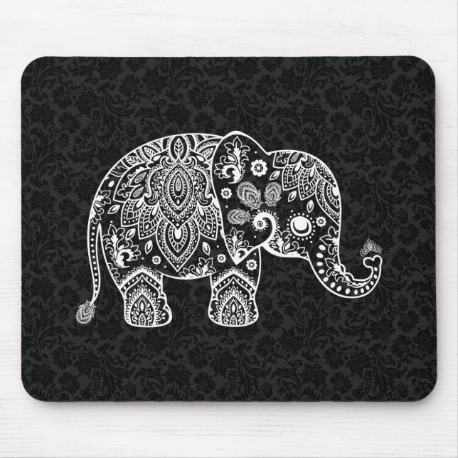 White Paisley Floral Elephant Illustration Mouse Pad (Front)