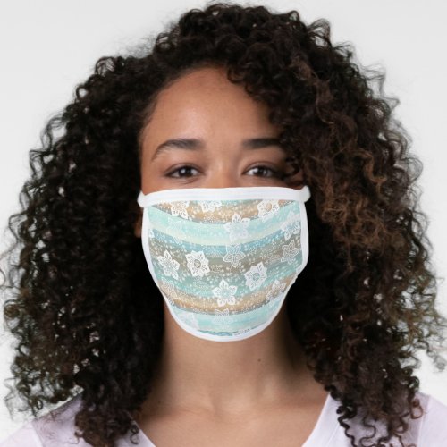 White Paisley Floral Mint Green Teal Blue Stripes Face Mask