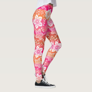 White Paisley Flowers On Hot Pink Orange Stripes Leggings