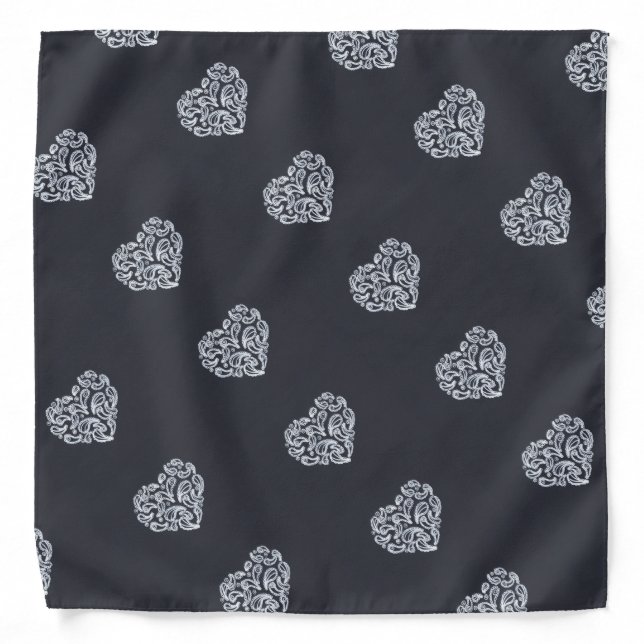 White Paisley Hearts on Black Bandanas (Front)