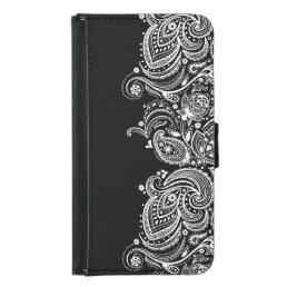 White Paisley Lace With Black Background Wallet Phone Case For Samsung Galaxy S5