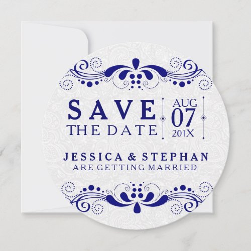 White Paisley  Navy Blue Lace Save The Date
