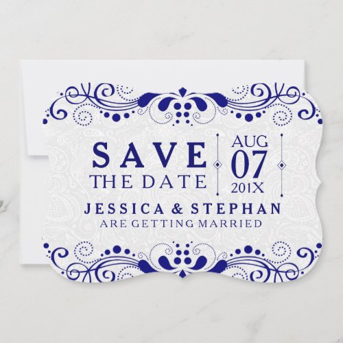 White Paisley  Navy Blue Lace Save The Date 2