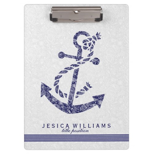 White Paisley  Navy Blue Nautical Boat Anchor Clipboard