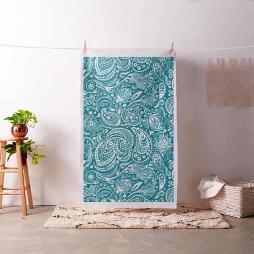 White Paisley on Custom Turquoise Background Fabric